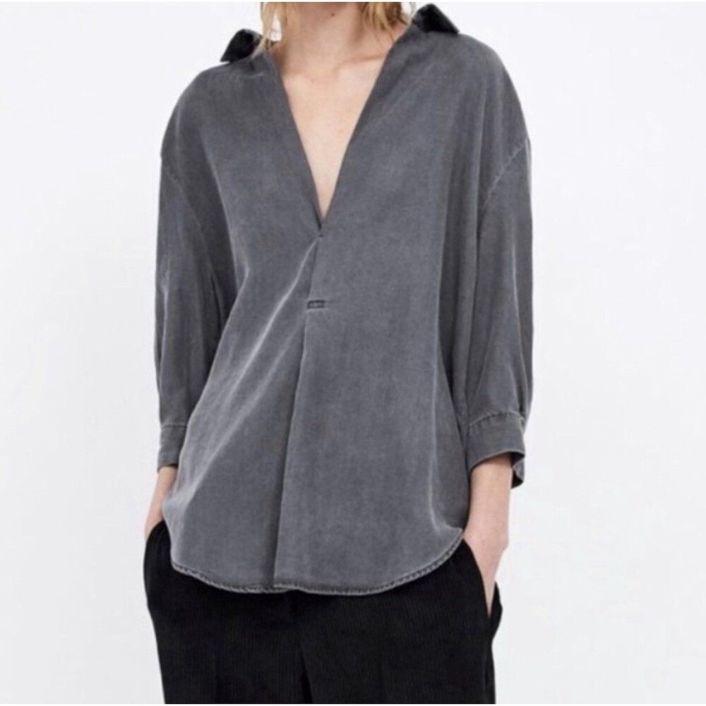 Zara Gray Distressed Effect V-Neck Denim Blouse Size XS